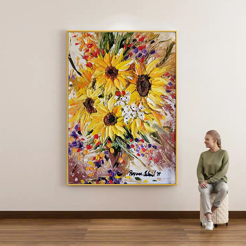 Home Decor Color Palettes - Levendig 3D Impasto Zonnebloem Olieverfschilderij, Handgeschilderd