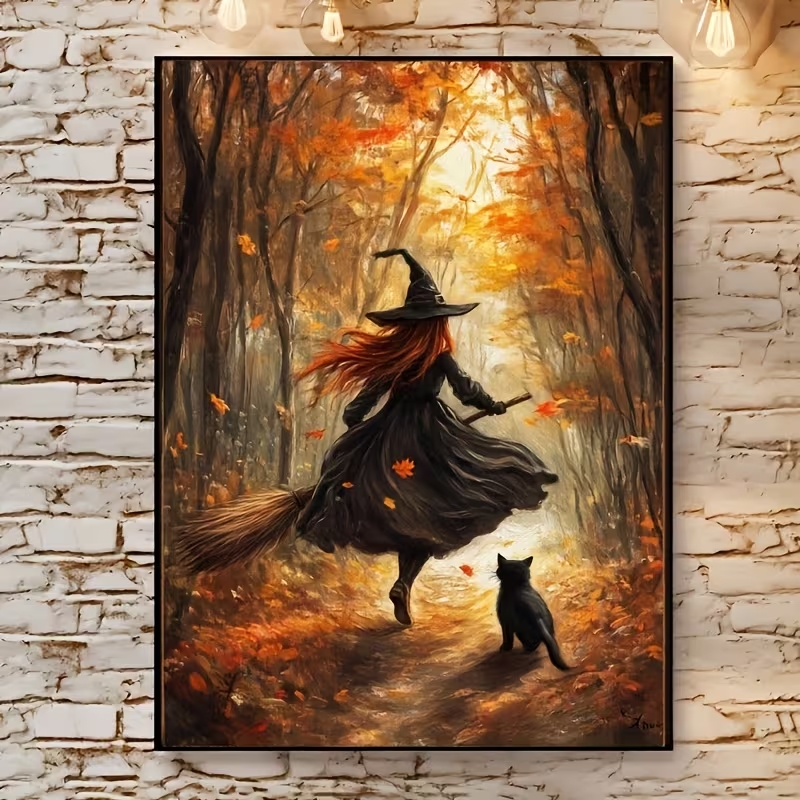 Home Decor Aesthetic - Retro Halloween Herfst Heks Op Bezemsteel
